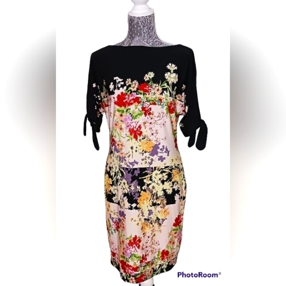 Julian Taylor Dress Multicolor Floral Short Slit Sleeves Boatneck, Size 6